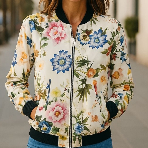 bagatelle Jackets & Blazers - Bagatelle Cream and Pink Bomber Jacket with Floral Design Woman's Size Small